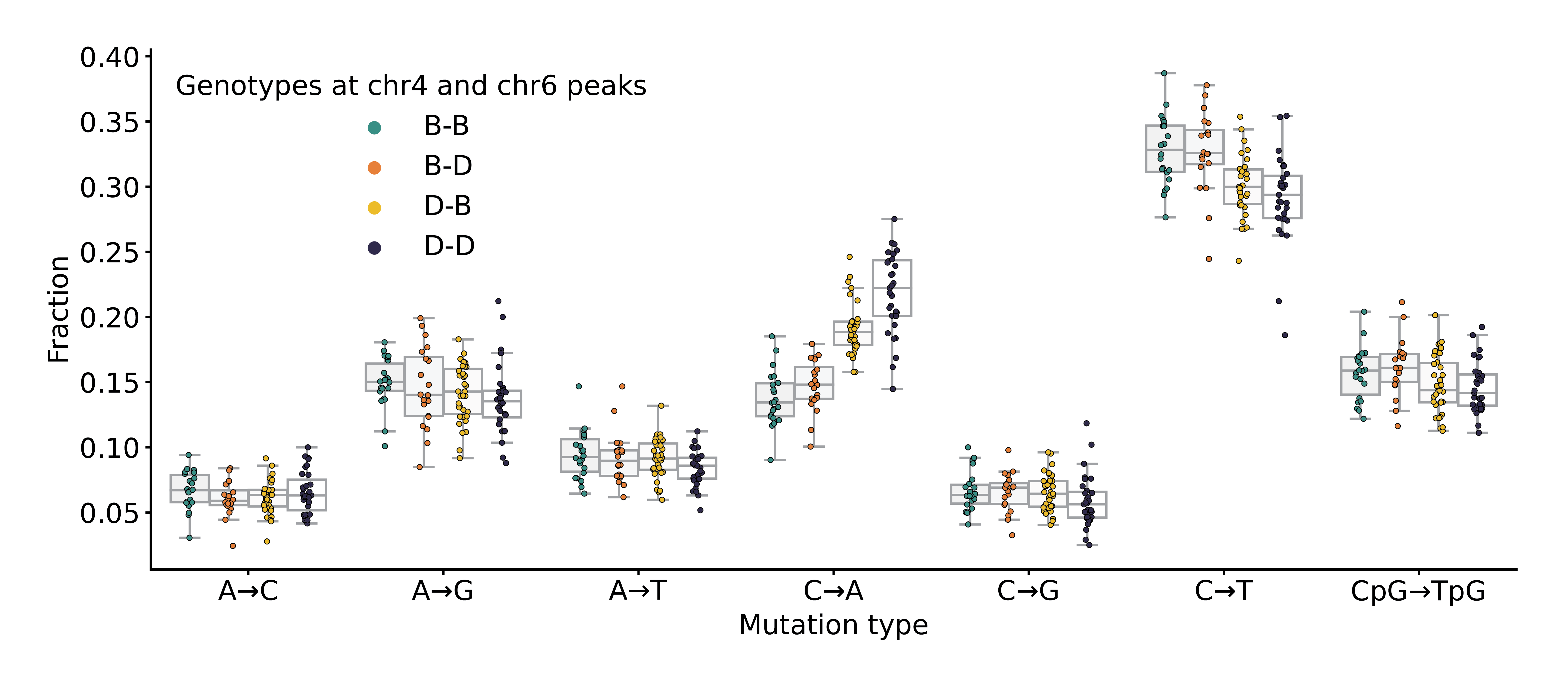Figure 3-figure supplement 1: Mutation spectra comparison in BXD strains. Fractions of de novo germline mutations in BXDs with either D or B genotypes at markers rs27509845 and rs46276051, stratified by mutation type.